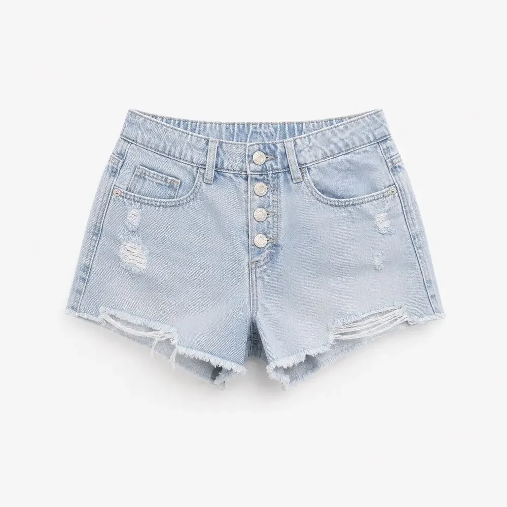Trendy ZARA Girls Light Wash Distressed Denim Shorts